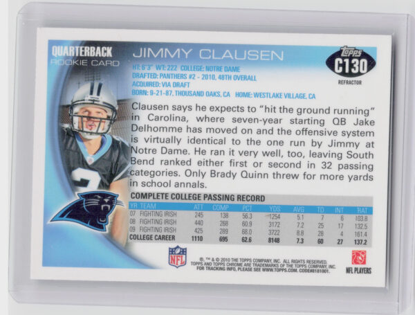 2010 Topps Chrome Jimmy Clausen Refractors #C130 Panthers - Image 3