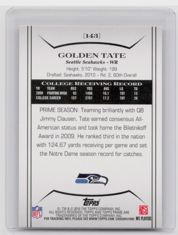 2010 Topps Prime Golden Tate Retail RC #143 Seahawks - Image 3