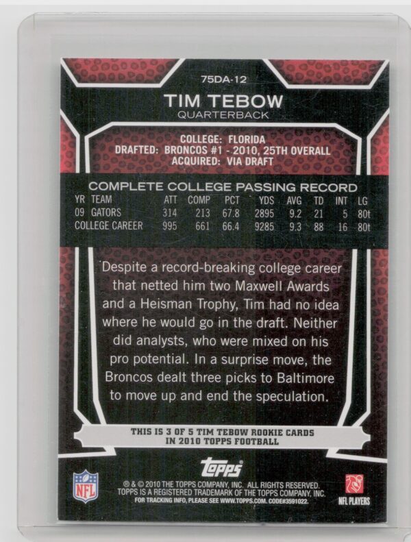 2010 Topps Tim Tebow #75DA-12 Broncos Draft 75th Anniversary - Image 3