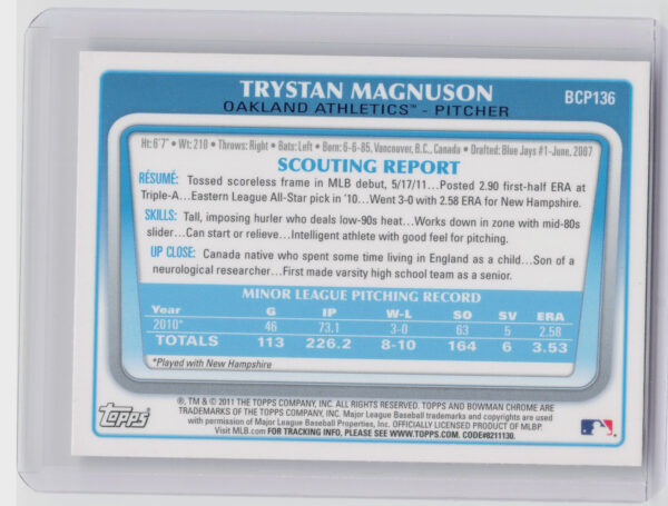 2011 Bowman Chrome Trystan Magnuson #BCP136 Athletics Prospects - Image 3