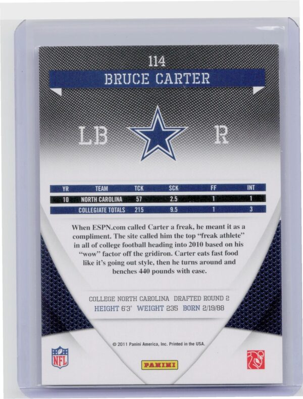 2011 Donruss Elite Bruce Carter RC /999 #114 Cowboys - Image 3