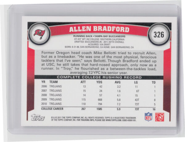 2011 Topps Allen Bradford RC #326 Buccaneers - Image 3