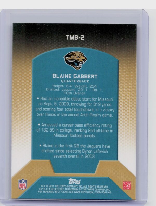 2011 Topps Blaine Gabbert #TMB-2 Jaguars Rookie Refractors - Image 3