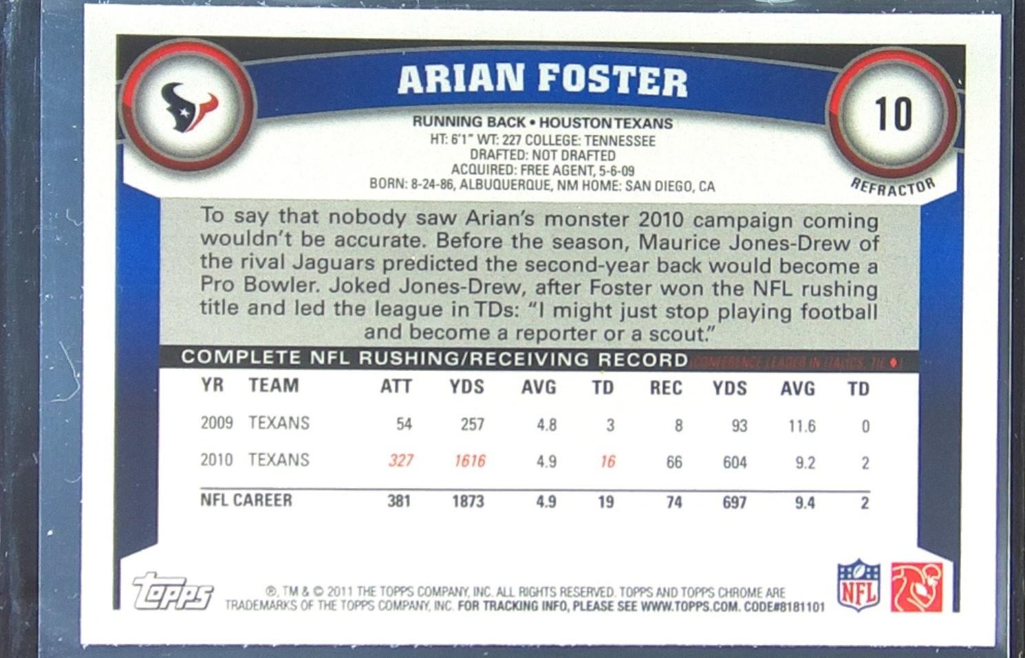 2011 Topps Chrome Arian Foster Refractors #10 Texans - Image 3