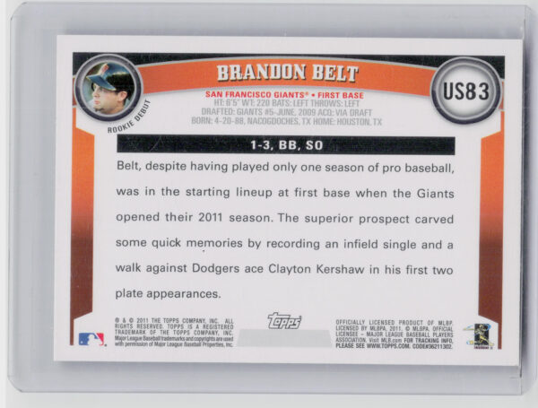 2011 Topps Update Brandon Belt Cognac Diamond Anniversary #US83 Giants - Image 3