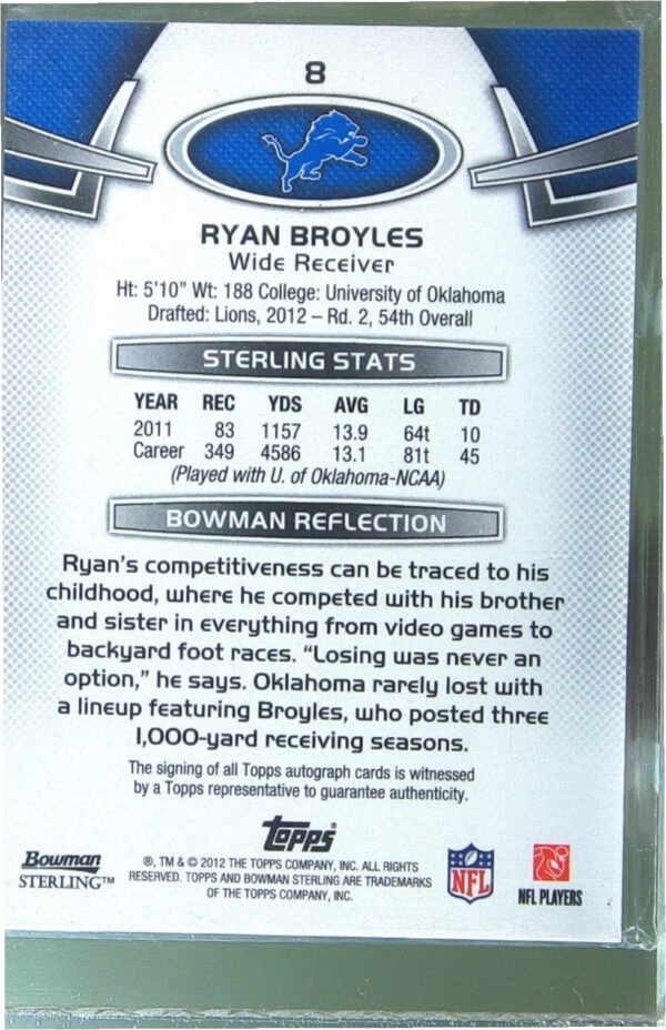 2012 Bowman Sterling Ryan Broyles Auto RC #8 Lions Autographs - Image 3