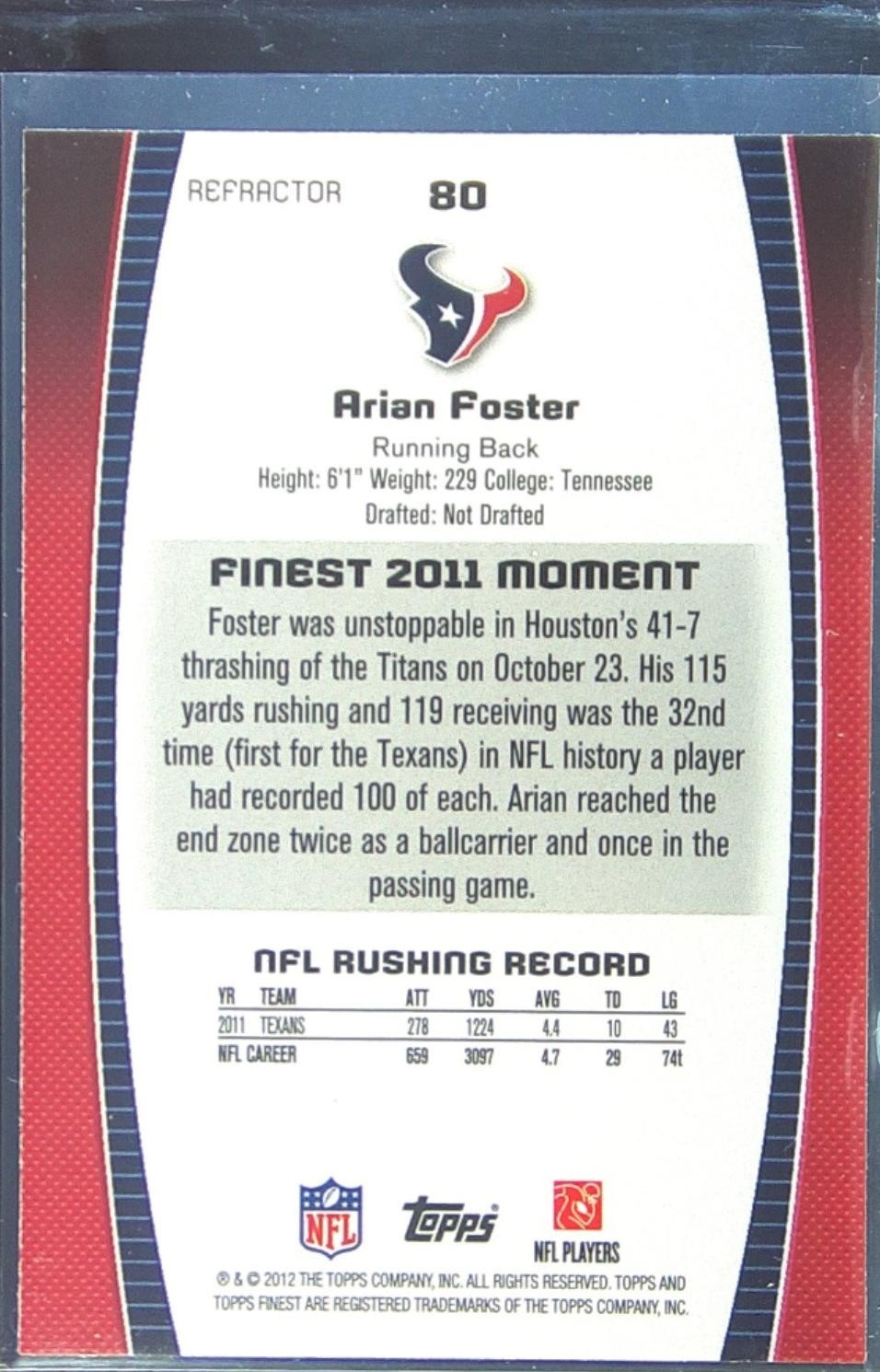 2012 Finest Arian Foster Refractors #80 Texans - Image 3