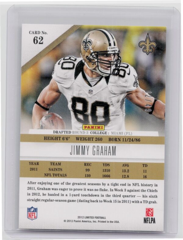 2012 Panini Limited Jimmy Graham Silver Spotlight SN49 #62 Saints - Image 3