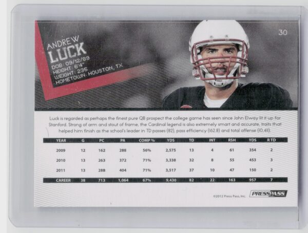 2012 Press Pass Andrew Luck #30 Stanford Cardinals - Image 3