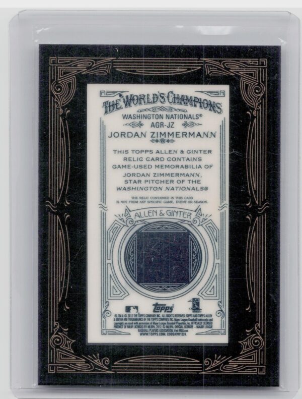 2012 Topps Allen & Ginter Jordan Zimmermann MEM #AGR-JZ Nationals Relics - Image 3