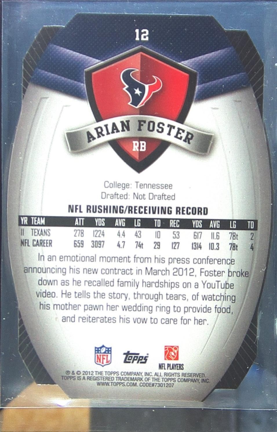2012 Topps Arian Foster #12 Texans - Image 3