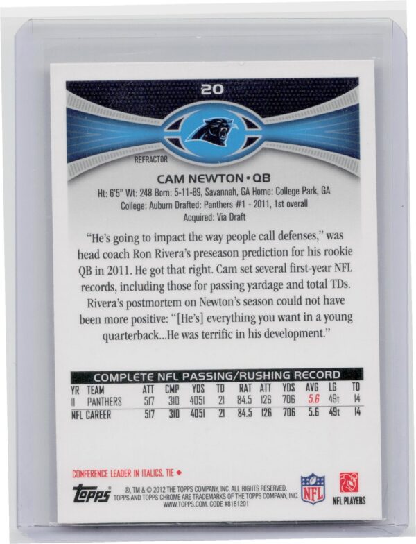 2012 Topps Chrome Cam Newton Orange Refractors #20 Panthers - Image 3