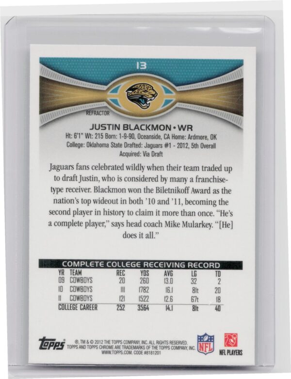2012 Topps Chrome Justin Blackmon Xfractors #13 Jaguars - Image 3