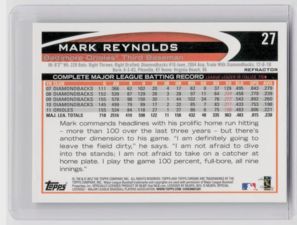2012 Topps Chrome Mark Reynolds Refractors #27 Orioles - Image 3