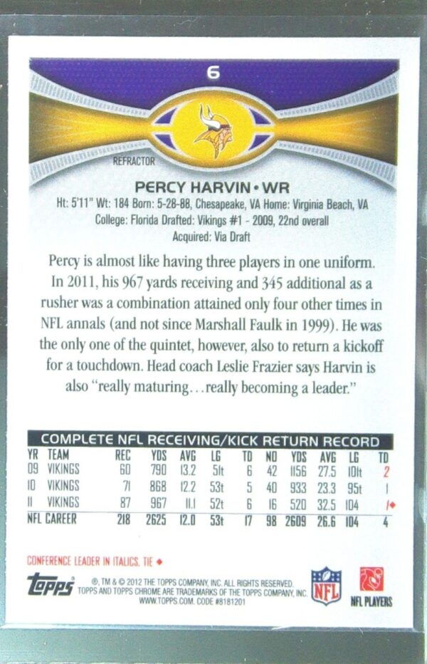 2012 Topps Chrome Percy Harvin Orange Refractors #6 Vikings - Image 3
