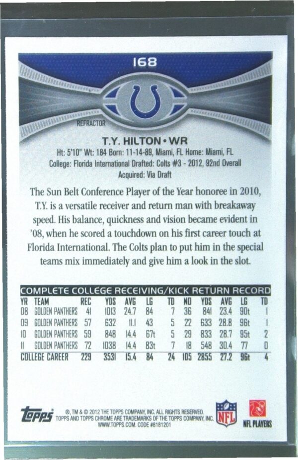 2012 Topps Chrome T.Y. Hilton Xfractors RC #168 Colts - Image 3
