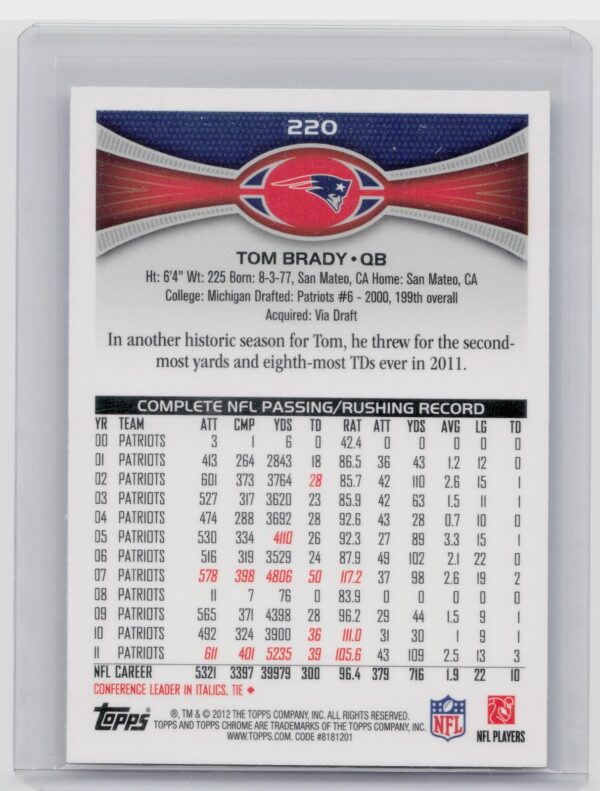 2012 Topps Chrome Tom Brady #220 Patriots - Image 3