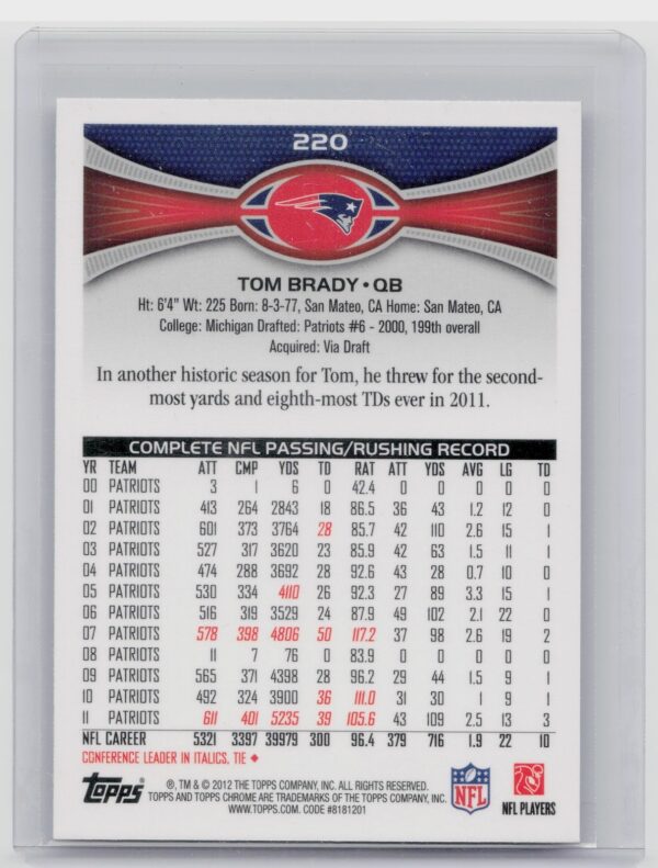 2012 Topps Chrome Tom Brady #220 Patriots - Image 3