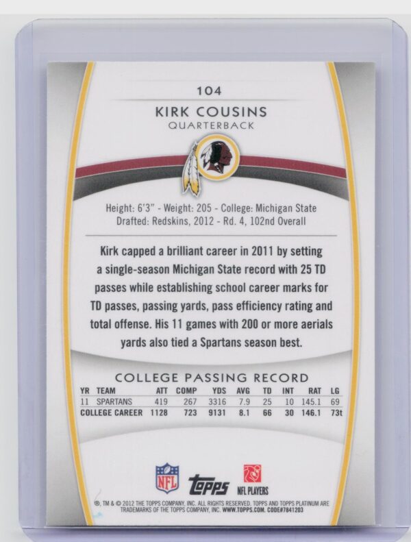 2012 Topps Platinum Kirk Cousins Xfractors #104 Redskins - Image 3