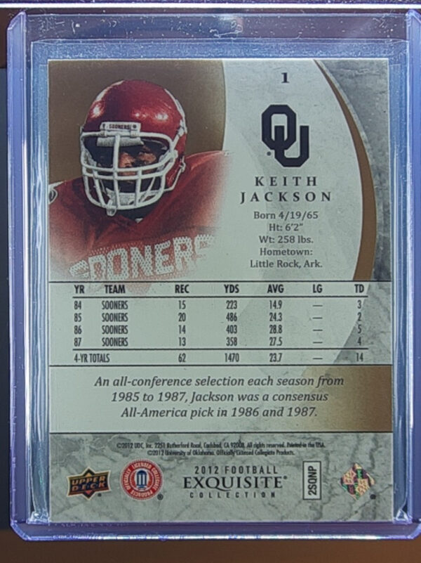2012 Upper Deck Exquisite Collection Keith Jackson SN85 #1 Sooners - Image 3
