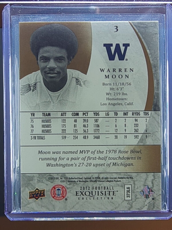 2012 Upper Deck Exquisite Collection Warren Moon SN85 #3 Huskies - Image 3