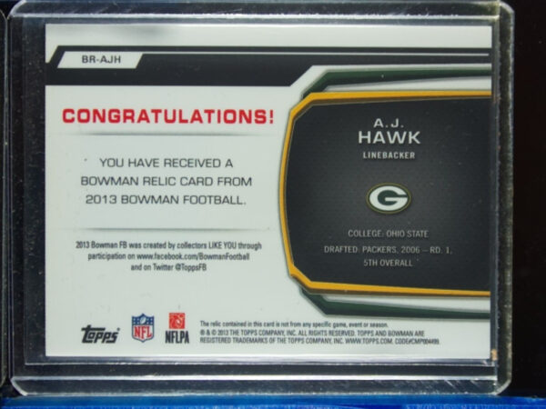 2013 Bowman A.J. Hawk MEM #BR-AJH Packers Relics - Image 3