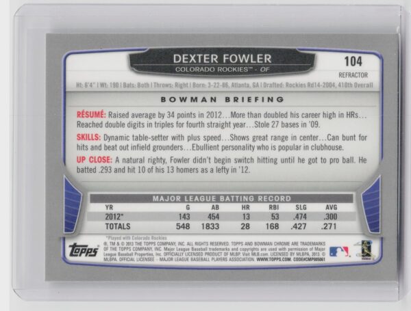 2013 Bowman Chrome Dexter Fowler Refractors #104 Rockies - Image 3