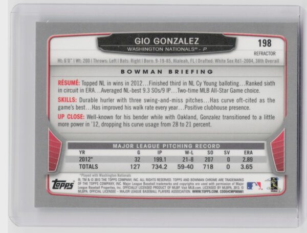 2013 Bowman Chrome Gio Gonzalez Refractors #198 Nationals - Image 3