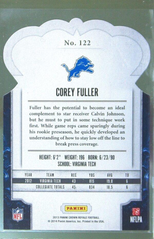 2013 Crown Royale Corey Fuller Bronze Holo (Die Cut Crown) /299 RC #122 Lions - Image 3