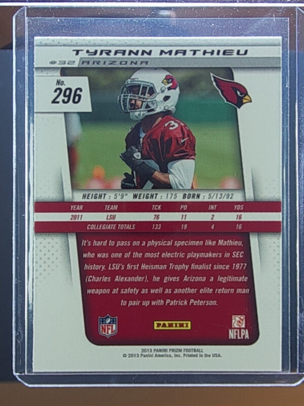 2013 Panini Prizm Tyrann Mathieu RC #296 Cardinals - Image 3