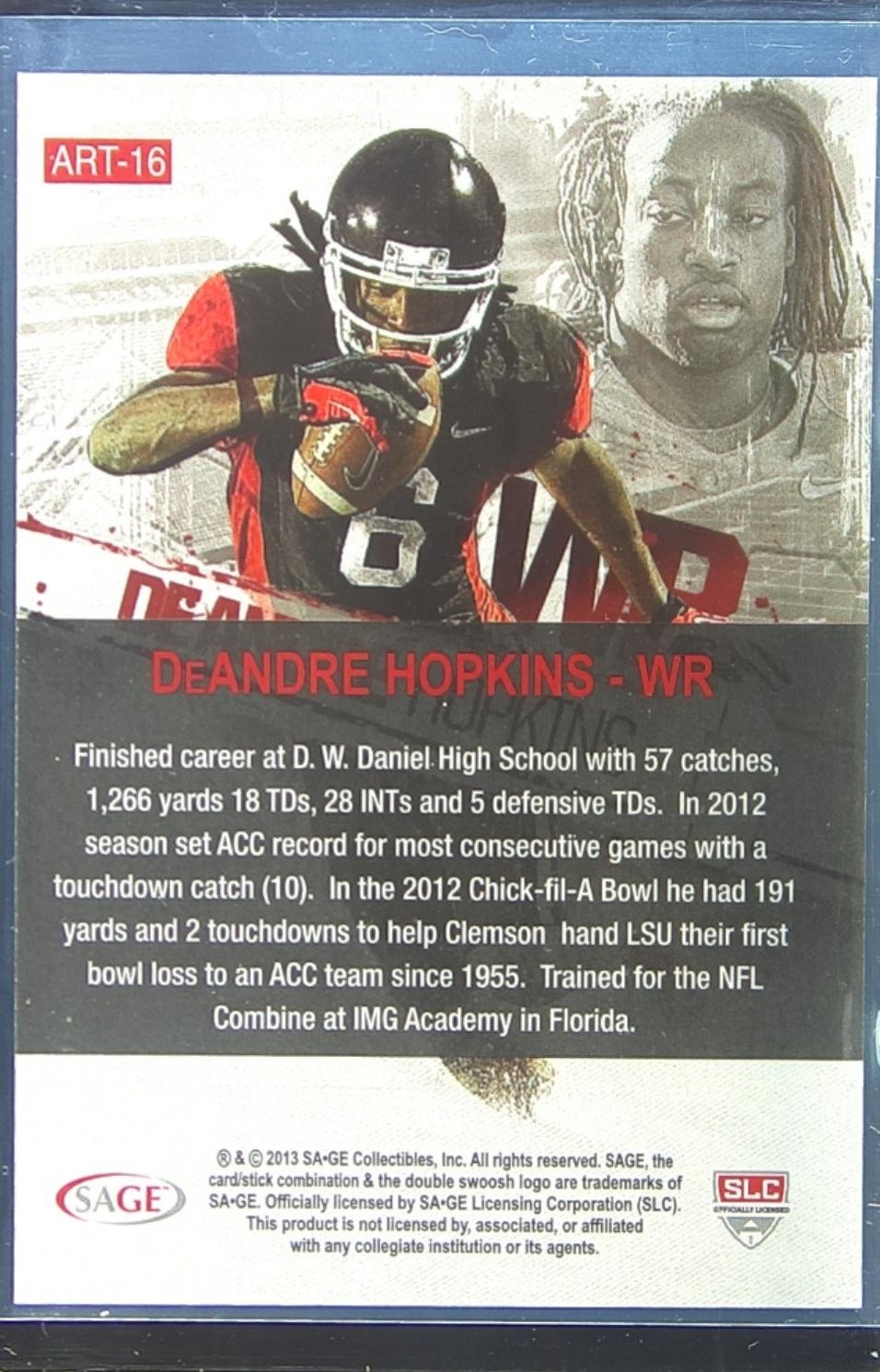 2013 SAGE HIT DeAndre Hopkins RC #ART16 Tigers Artistry Gold - Image 3