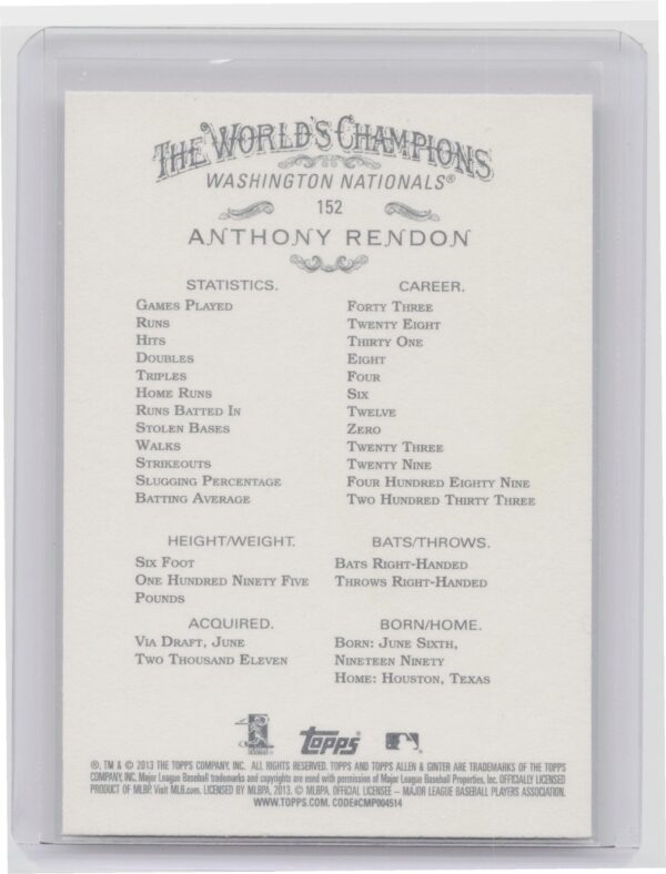2013 Topps Allen & Ginter Anthony Rendon RC #152 Nationals - Image 3