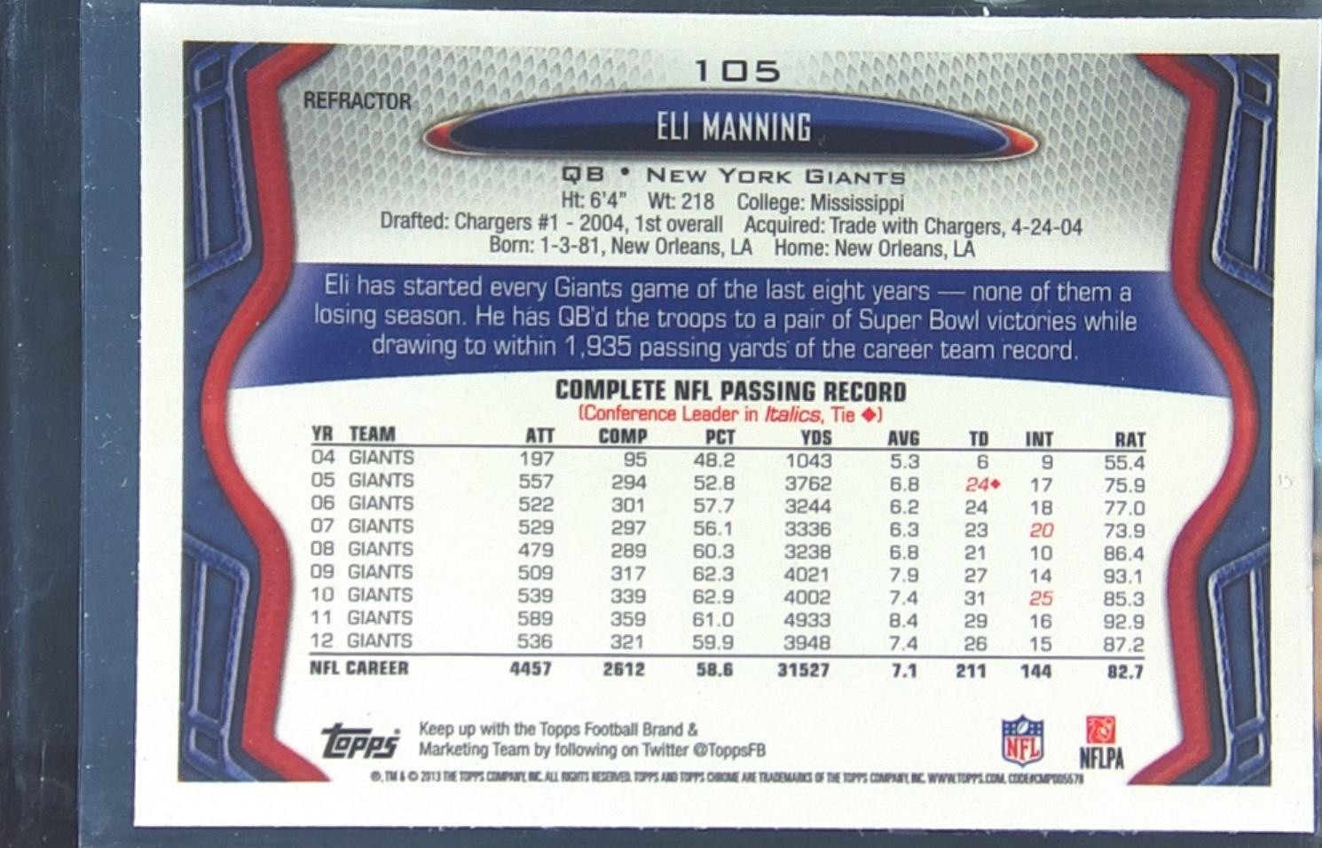 2013 Topps Chrome Eli Manning Xfractors #105 Giants - Image 3