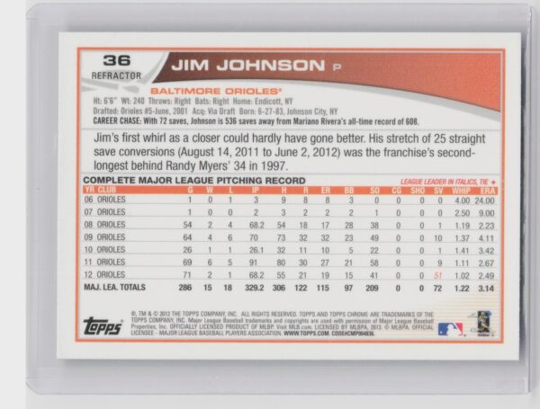 2013 Topps Chrome Jim Johnson Purple Refractors #36 Orioles - Image 3