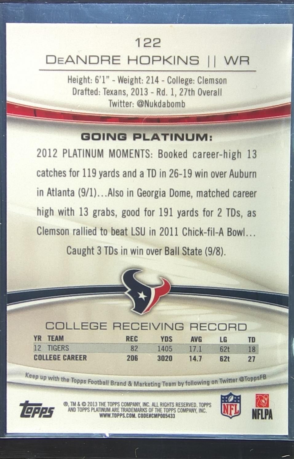 2013 Topps Platinum DeAndre Hopkins Red Refractors /25 #122 Texans - Image 3