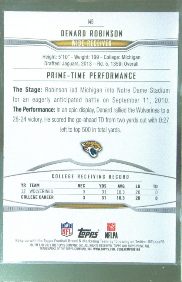 2013 Topps Prime Denard Robinson Copper Rainbow /99 RC #149 Jaguars - Image 3