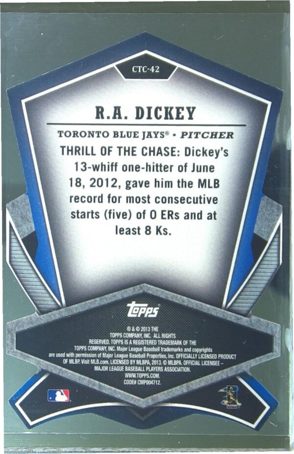 2013 Topps R.A. Dickey #CTC-42 Jays Cut to the Chase Die Cut - Image 3