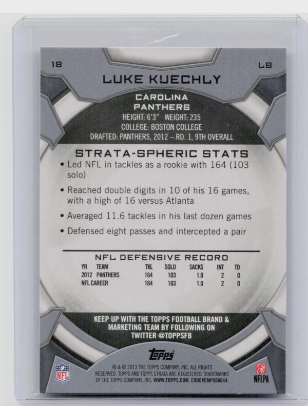 2013 Topps Strata Luke Kuechly Topaz Orange #18 Panthers - Image 3