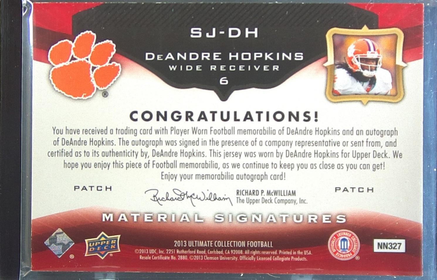 2013 UD Ultimate Collection DeAndre Hopkins Auto /10 JSY #SJ-DH Tigers Ultimate - Image 3