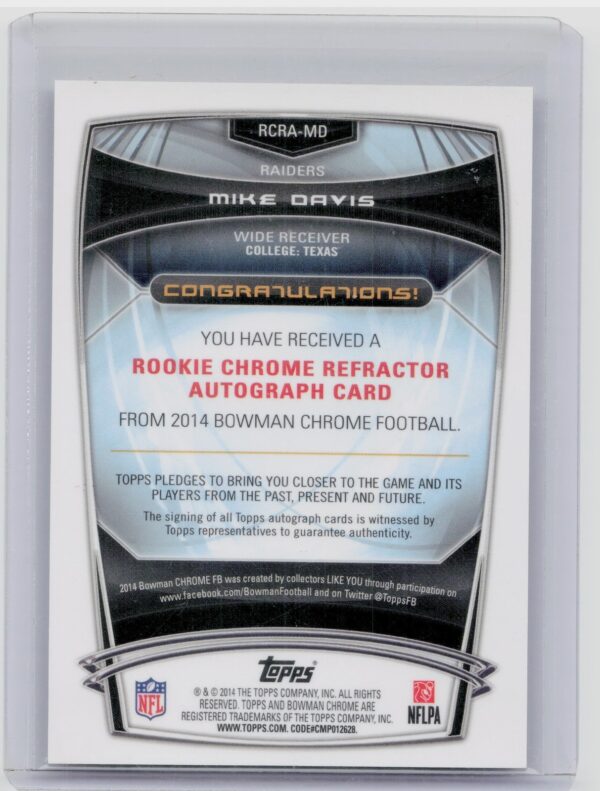 2014 Bowman Chrome Mike Davis AU #RCRA-MD Raiders Rookie Autographs Refractors - Image 3