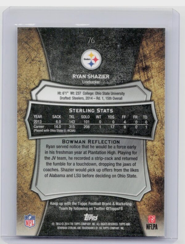 2014 Bowman Sterling Ryan Shazier RC #76 Steelers - Image 3