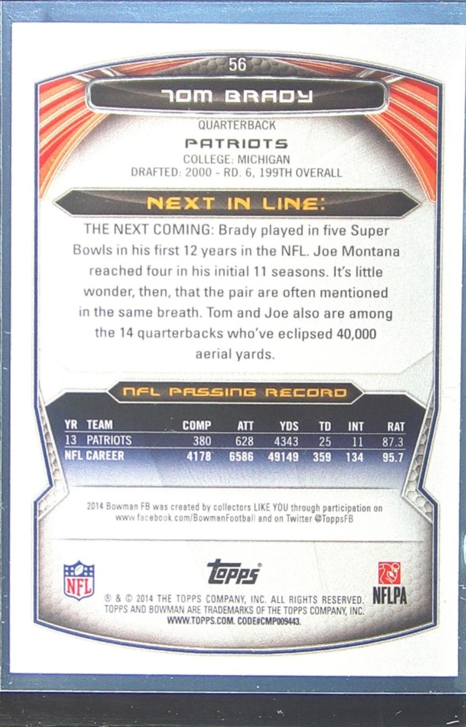 2014 Bowman Tom Brady Veterans Black #56 Patriots - Image 3