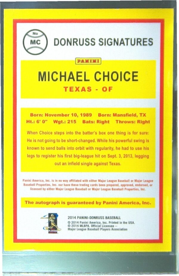 2014 Donruss Michael Choice Auto RC #MC Rangers Donruss Signatures - Image 3