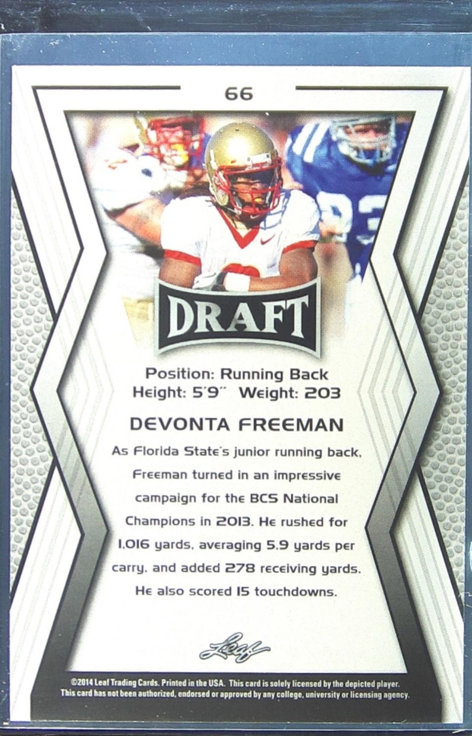 2014 Leaf Draft Devonta Freeman RC #66 Seminoles - Image 3