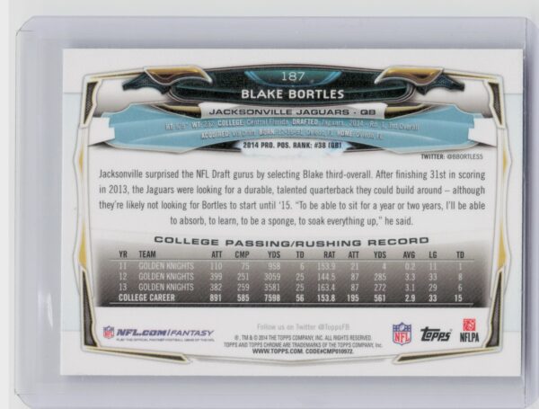 2014 Topps Chrome Blake Bortles Refractor #187 Jaguars - Image 3