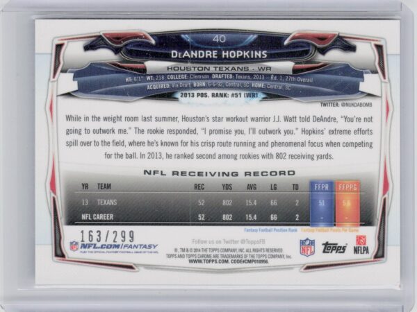 2014 Topps Chrome DeAndre Hopkins Black Refractors SN299 #40 Texans - Image 3