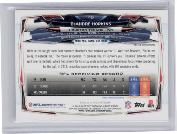 2014 Topps Chrome DeAndre Hopkins Green Refractor #40 Texans - Image 3