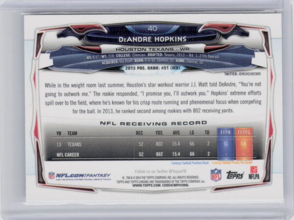 2014 Topps Chrome DeAndre Hopkins Pulsar Refractors #40 Texans - Image 3