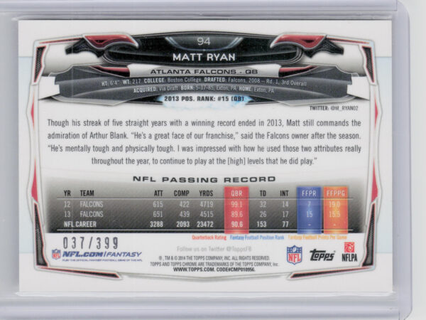2014 Topps Chrome Matt Ryan Pink Refractors SN399 #94 Falcons - Image 3