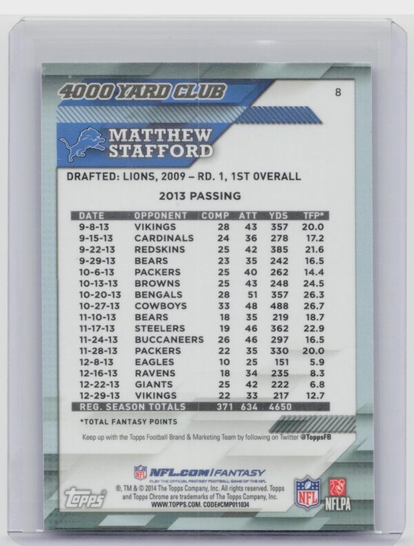 2014 Topps Chrome Matthew Stafford #8 Lions 4,000 Yard Club - Image 3
